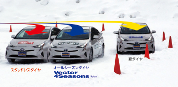 異なるタイヤを装着したプリウスの雪上走行テスト