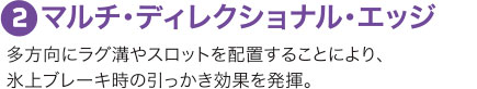 ２：マルチ・ディレクショナル・エッジ 多方向にラグ溝やスロットを配置することにより、氷上ブレーキ時の引っかき効果を発揮。